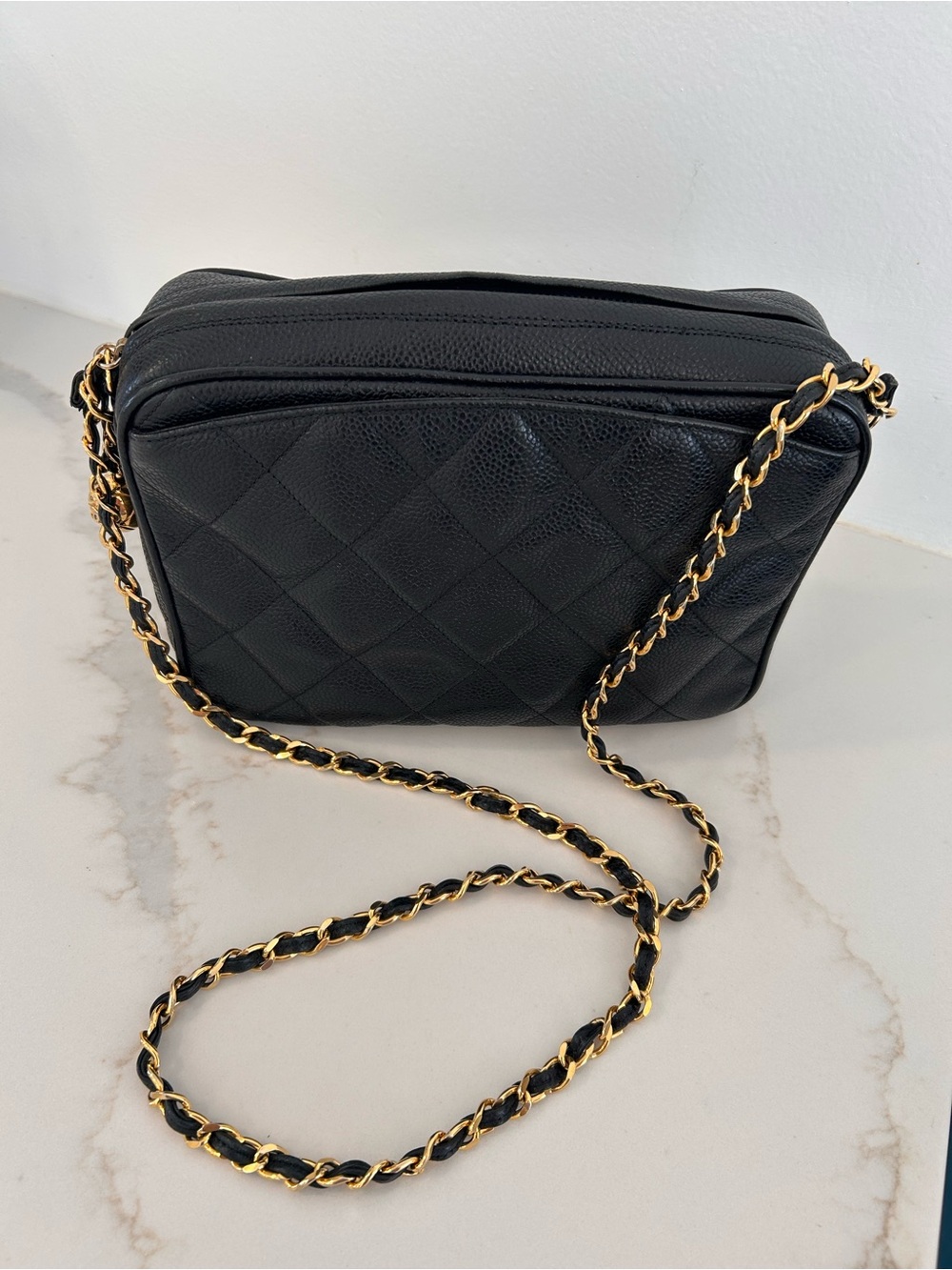 CHANEL Black Caviar Zip Camera Bag Chain Strap 24K Gold Hardware CC Charm